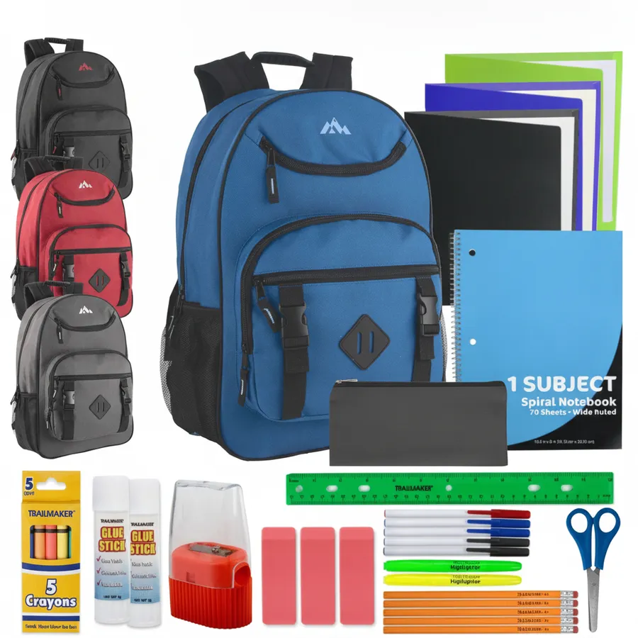 Double Buckle 18-Inch Laptop Backpack with Essential School Supplies Kit — wholesale Bags & Backpacks by the case
