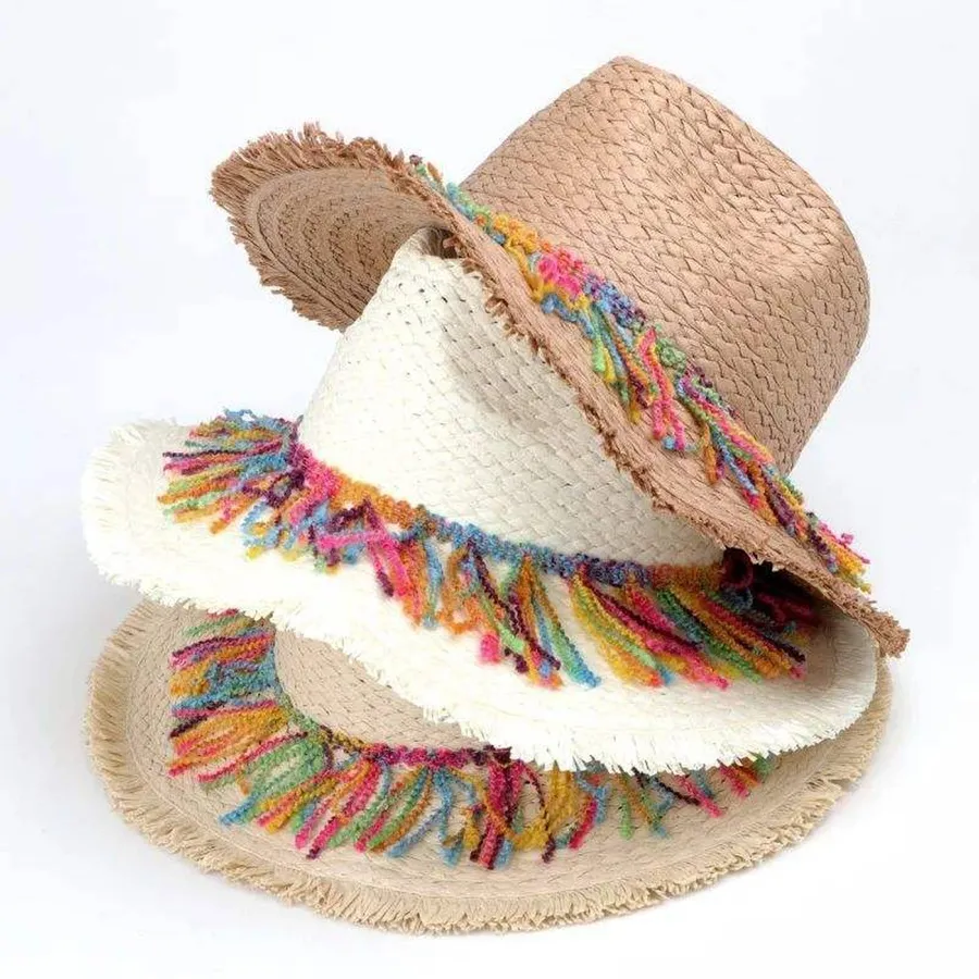 Adjustable Wide Brim Tassel Summer Straw Hat - Assorted — wholesale Apparel & Accessories by the case