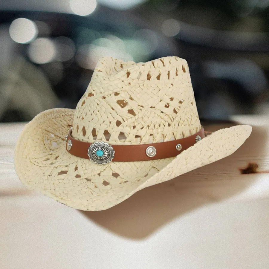 Faux Leather Natural Stone Cowboy Straw Hat — wholesale Apparel & Accessories by the case