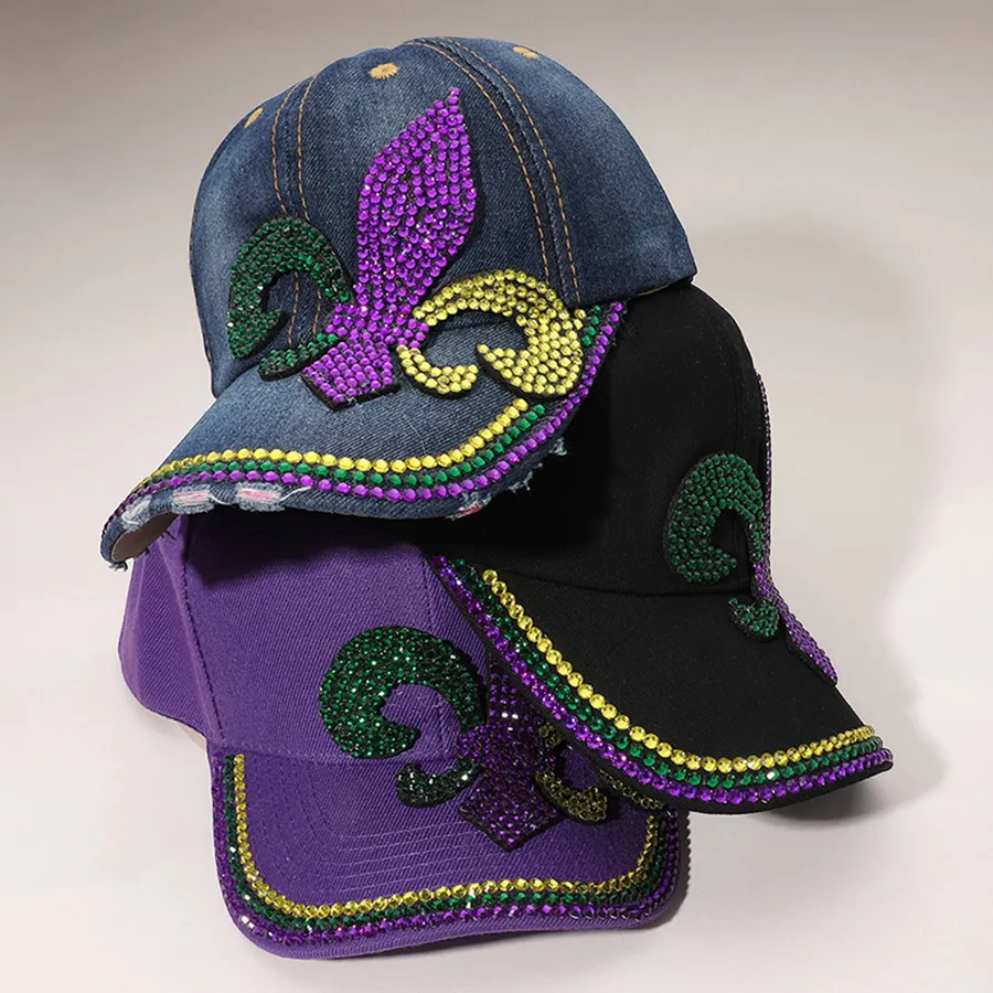 Bling Studded Mardi Gras Patterned Baseball Cap - Assorted — wholesale Seasonal & Holiday by the case